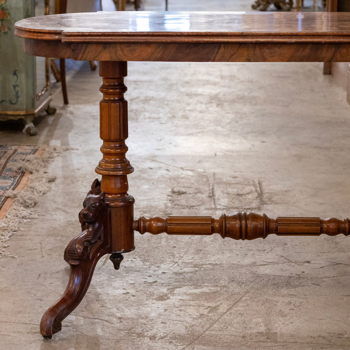 French Wood Center Table – Burl Wood Top & Carved Lion Legs on Casters