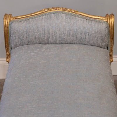 Louis XV Gilded Bench – Carved & Blue Silk Weave Upholstery