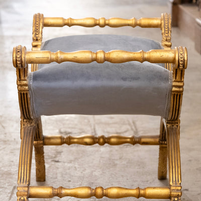 Gilded Boudoir Stool – Muted Blue Velvet Upholstery