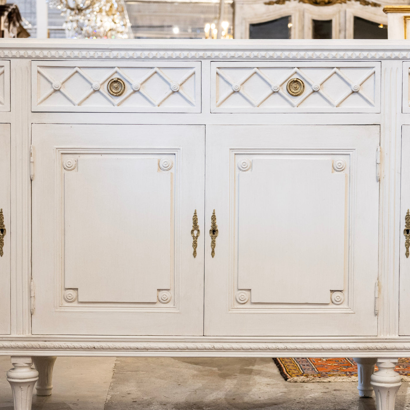 Swedish Four-Door Sideboard –  Lattice Carvings in Washed Antique White - Buffets & Sideboards | Le Chateau (Atlanta, GA) • 3