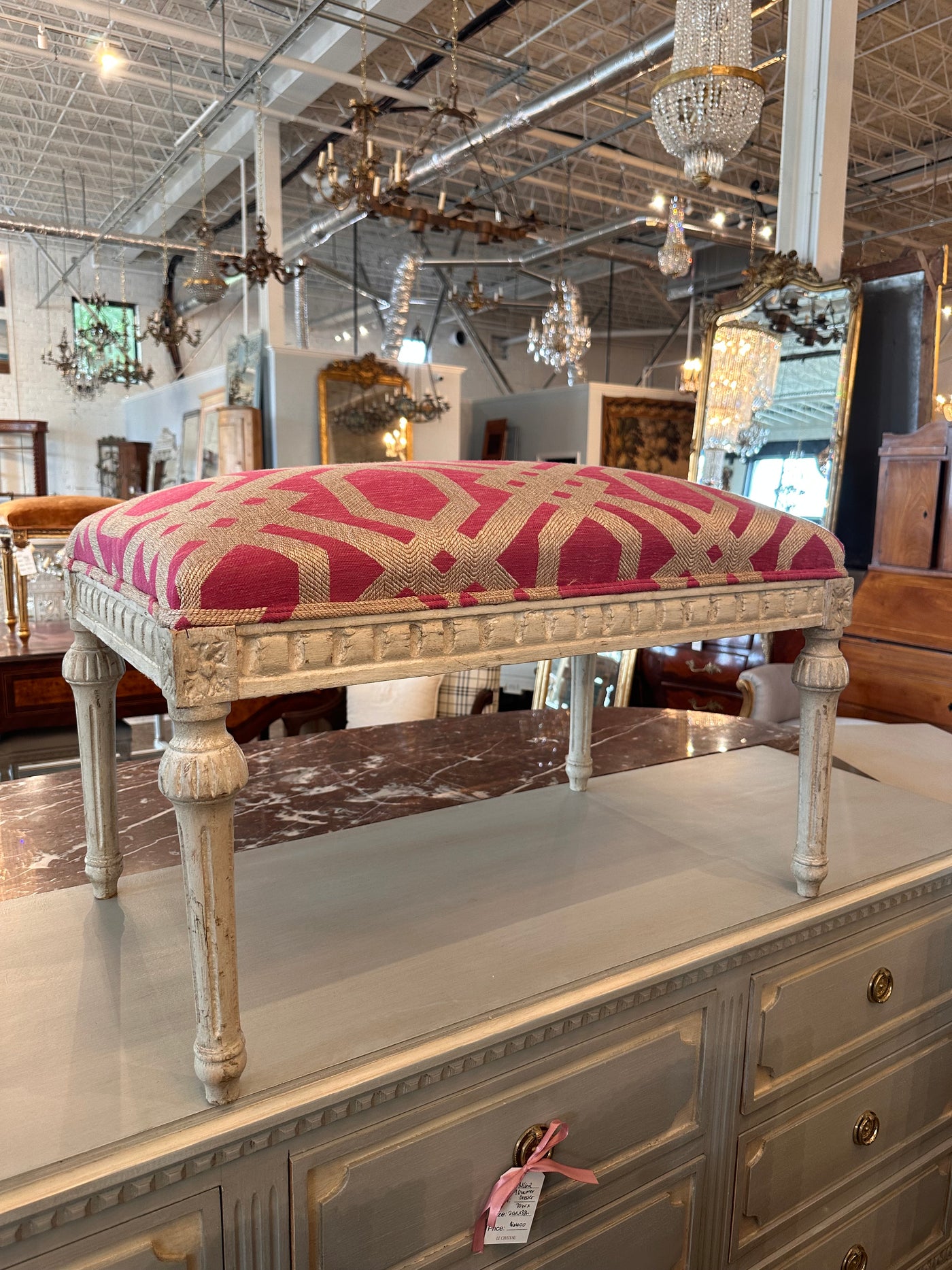 Pink Printed Louis XVI Bench with Ballerina Legs | Le Chateau | European Luxury Furniture in Atlanta