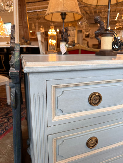 Blue Swedish Chest with White Carved Detailing | Le Chateau | European Luxury Furniture in Atlanta