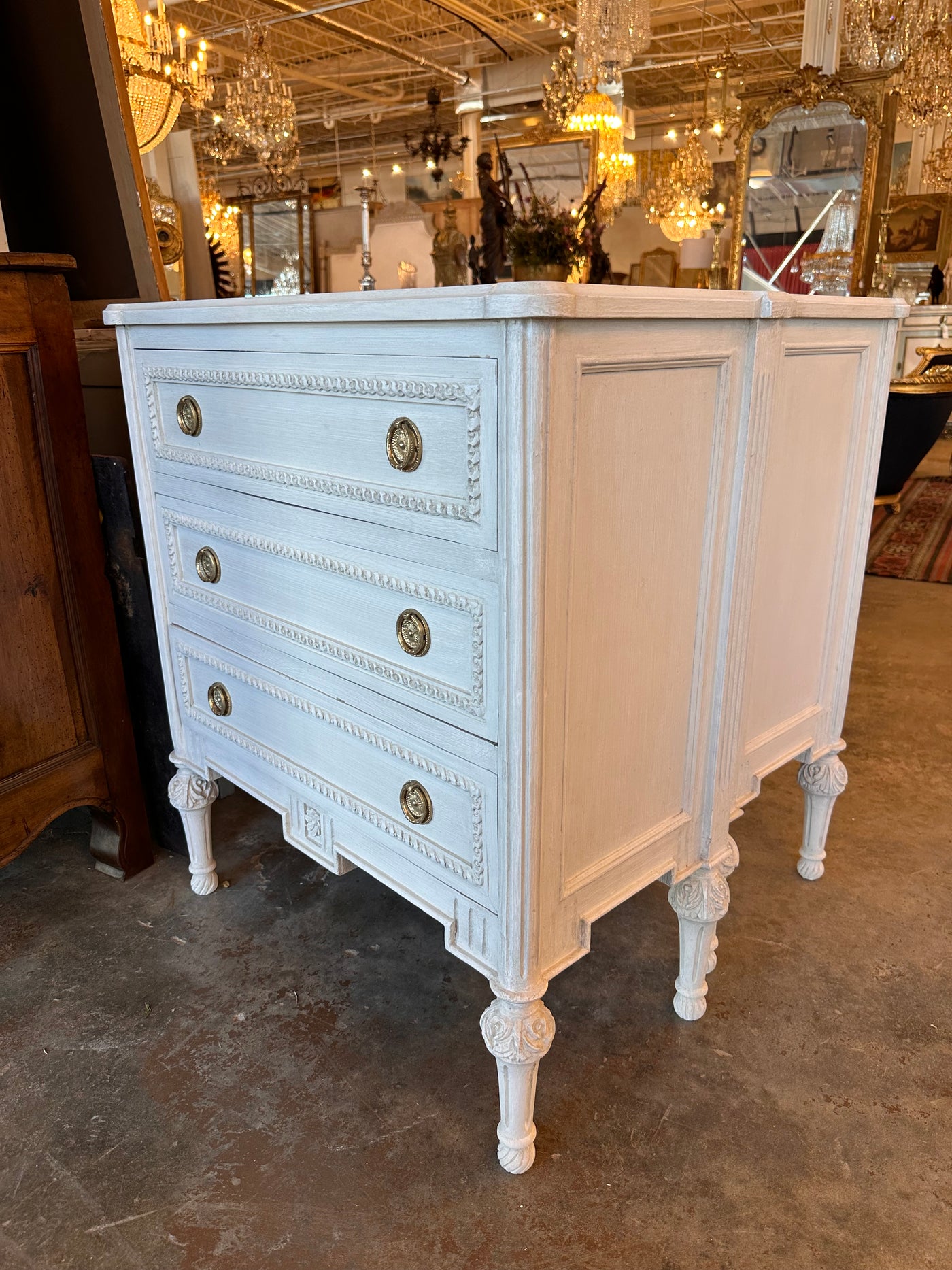 White Swedish Chest with Flower Detail | Le Chateau | European Luxury Furniture in Atlanta