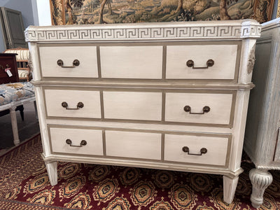 Antique White Swedish Chest with Greek Key Trim | Le Chateau | European Luxury Furniture in Atlanta