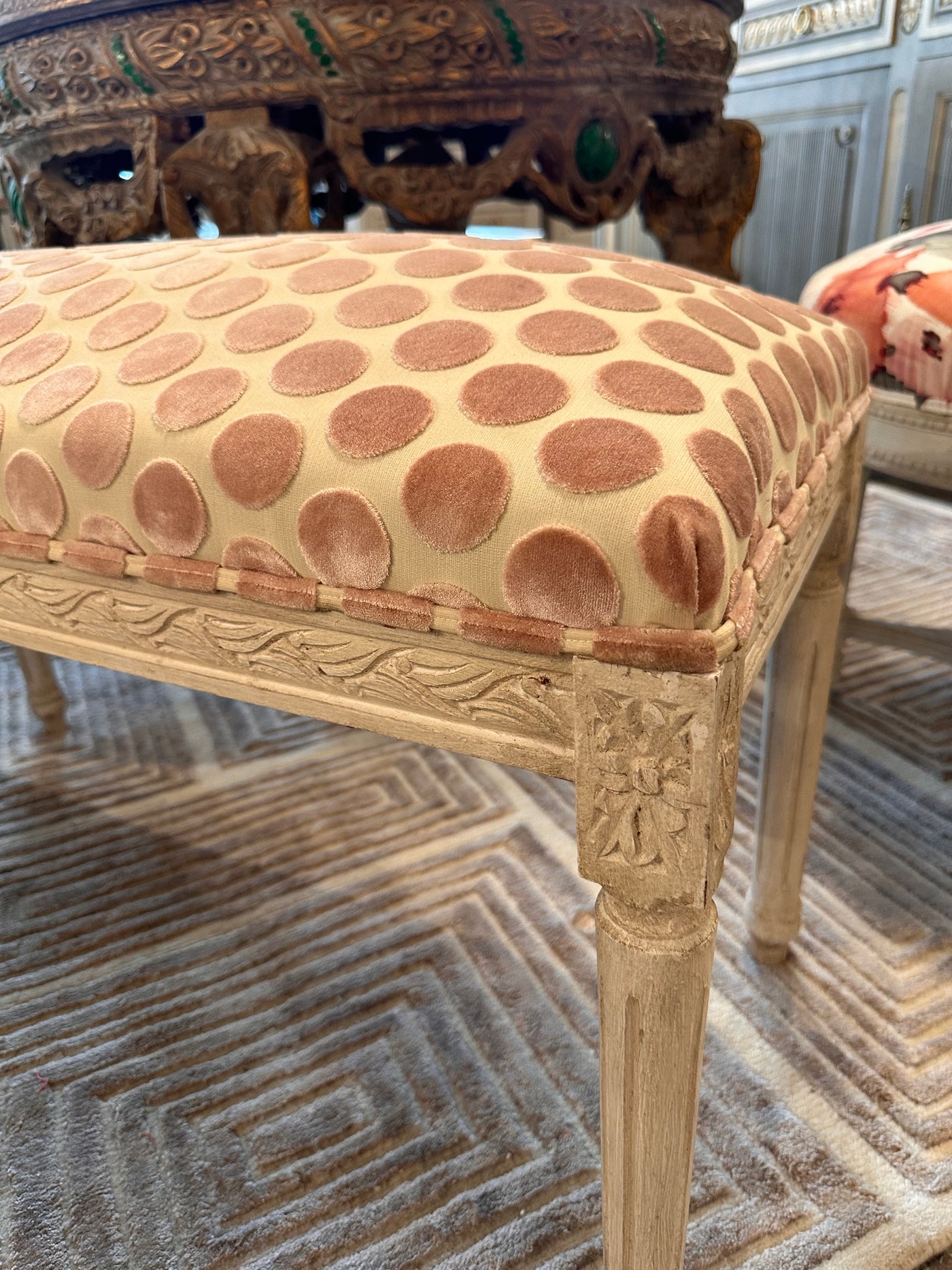 Light Pink Polka Dot Louis XVI Bench | Le Chateau | European Luxury Furniture in Atlanta