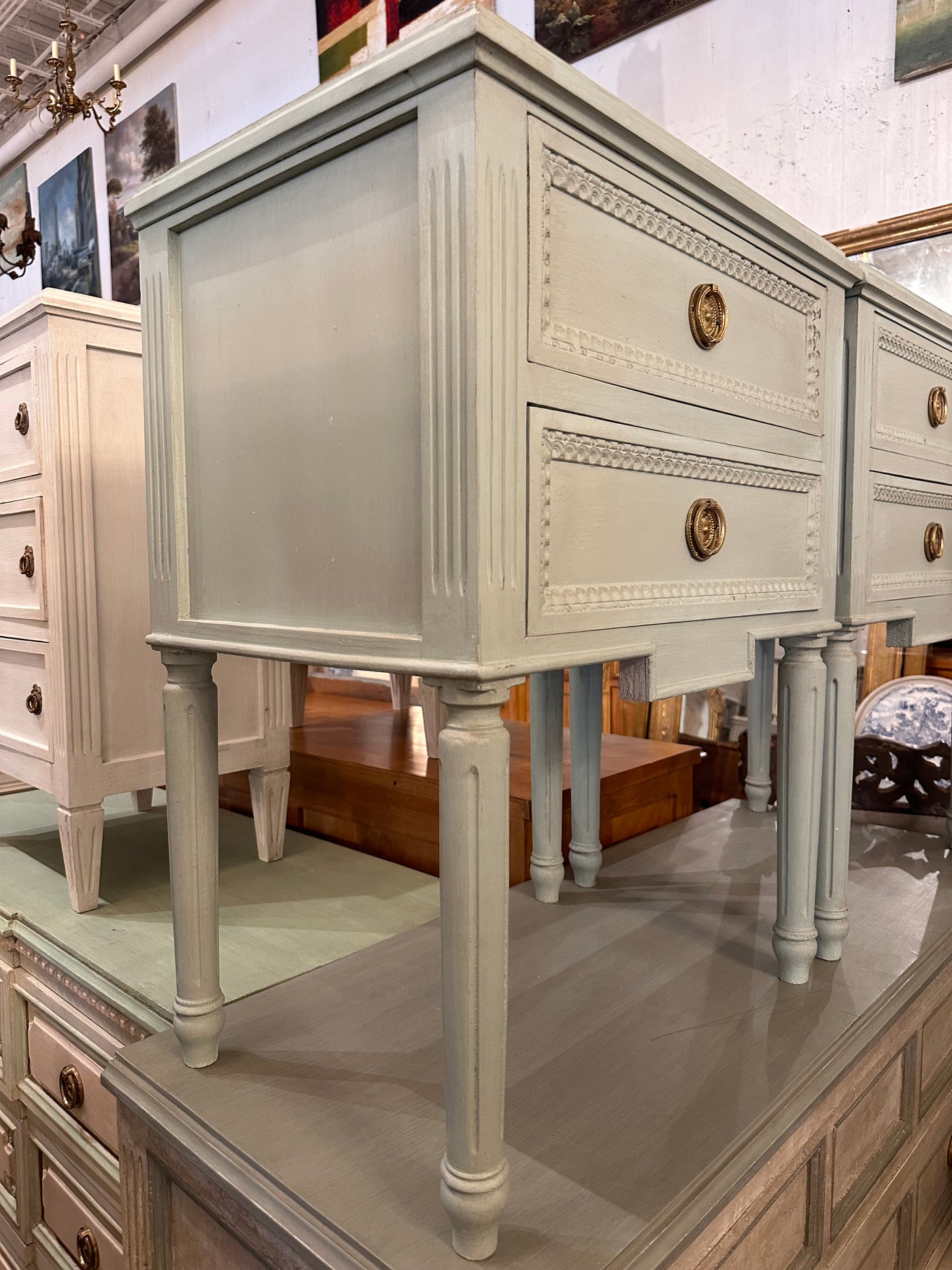 Light Green Swedish Antique Nightstand | Le Chateau | European Luxury Furniture in Atlanta