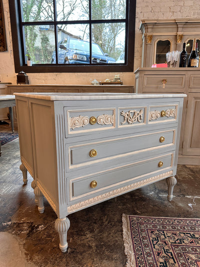 Early 1900s Swedish Marble Top Chest in Blue with White | Le Chateau | European Luxury Furniture in Atlanta