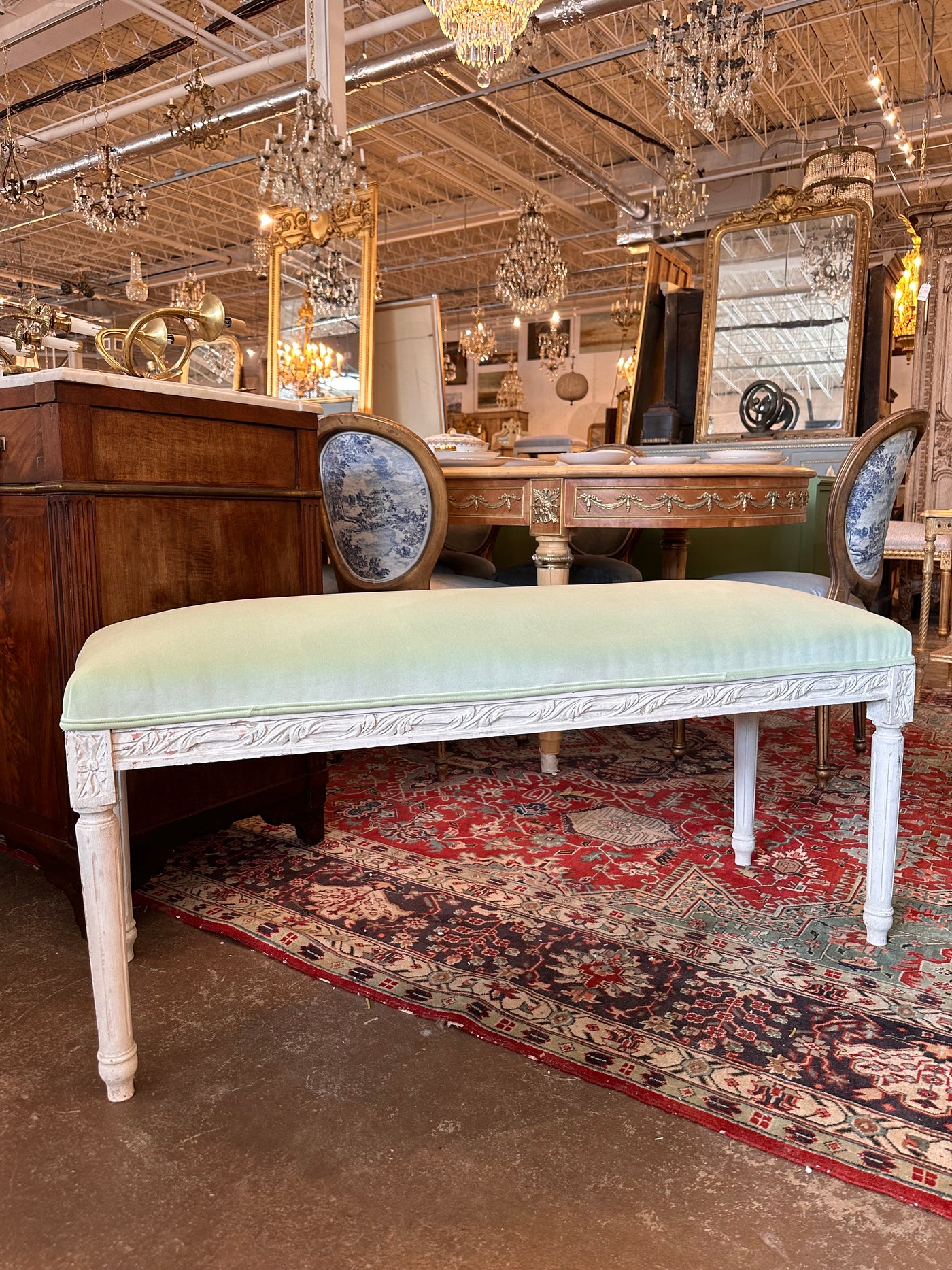 Light Green Velvet Louis XVI Bench | Le Chateau | European Luxury Furniture in Atlanta