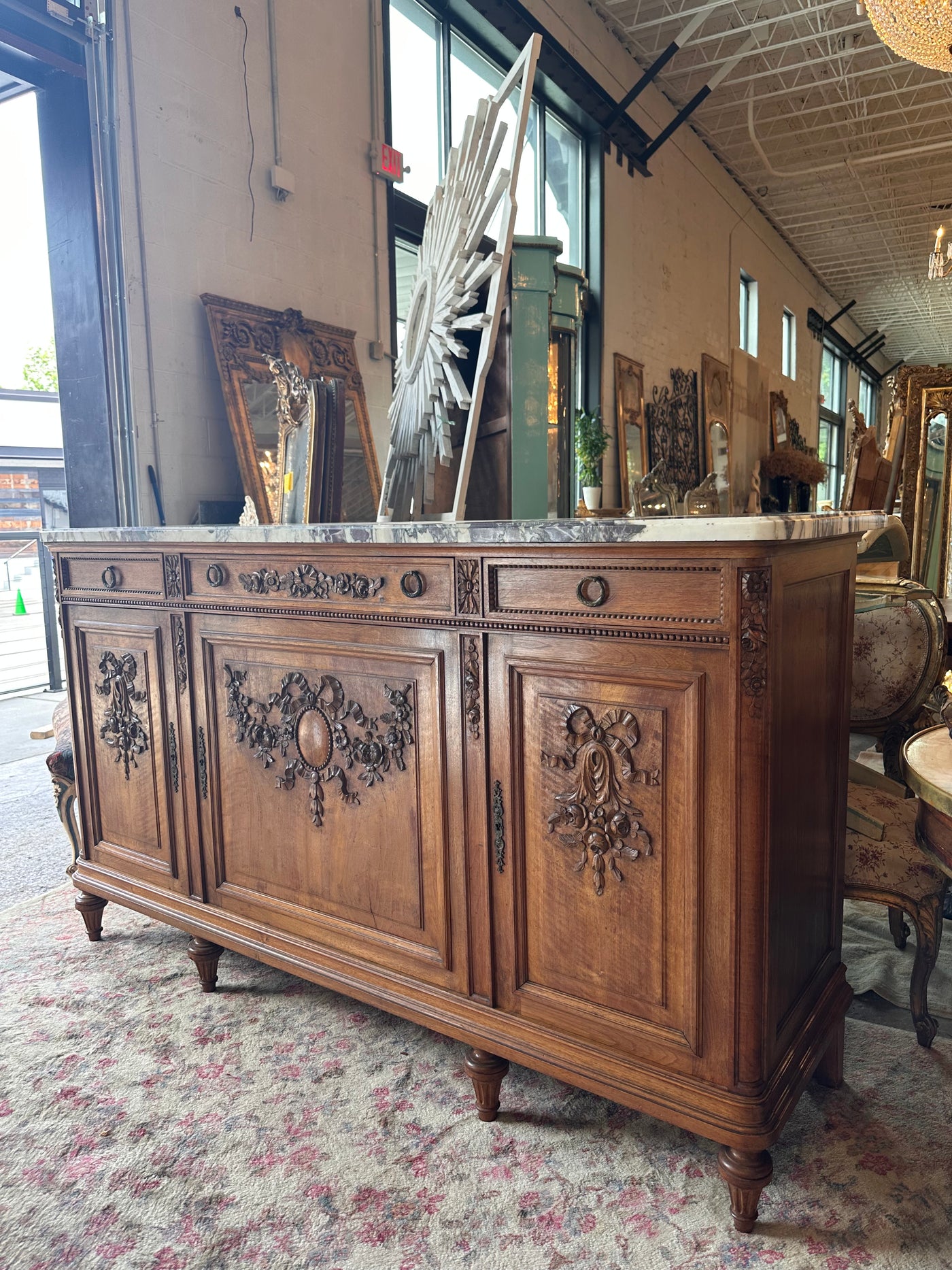 Walnut Wood French Sideboard with Multi Color Marble Top