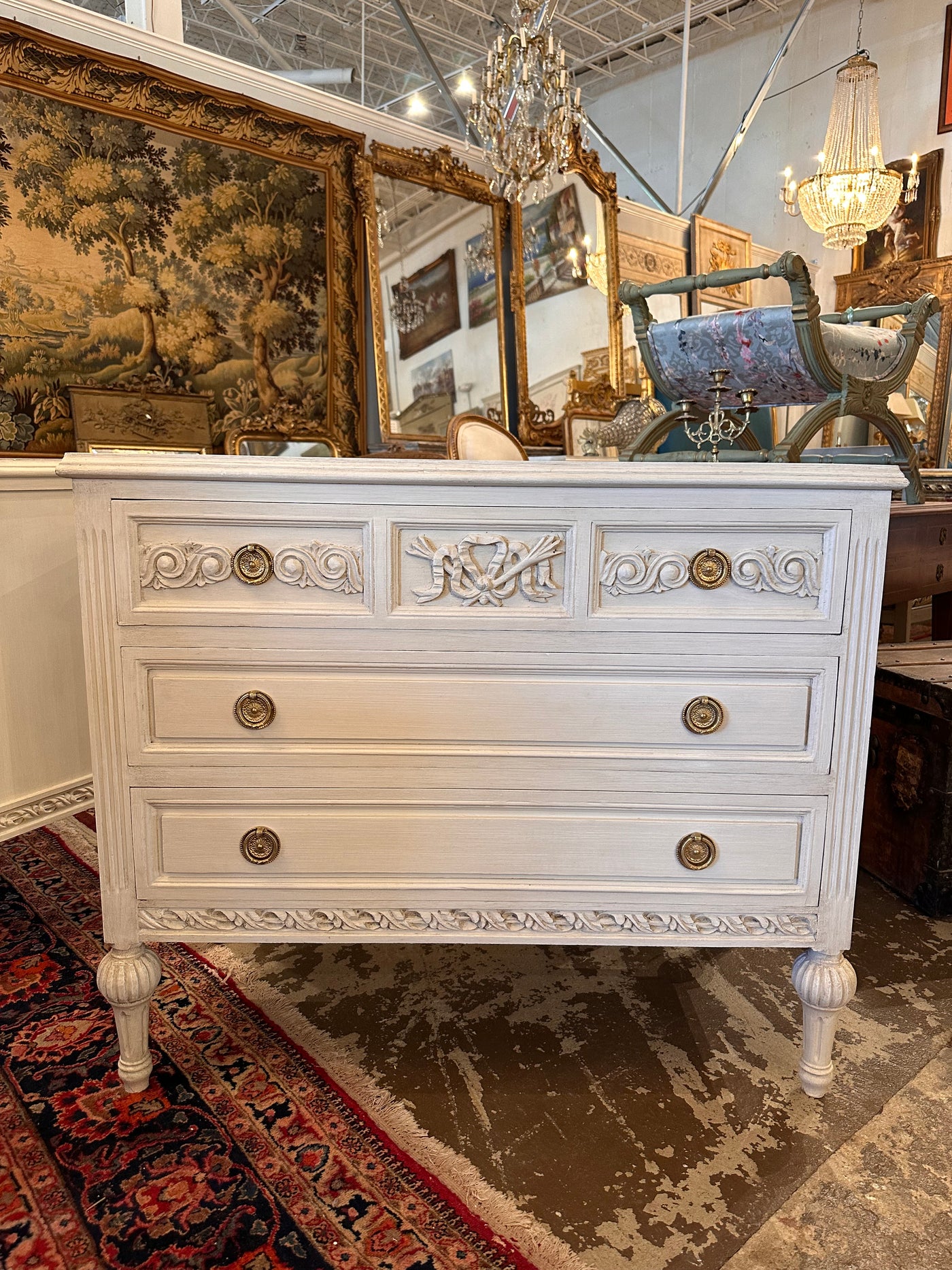 Swedish Chest with Carved Drawer Details & Ballerina Legs | Le Chateau | European Luxury Furniture in Atlanta