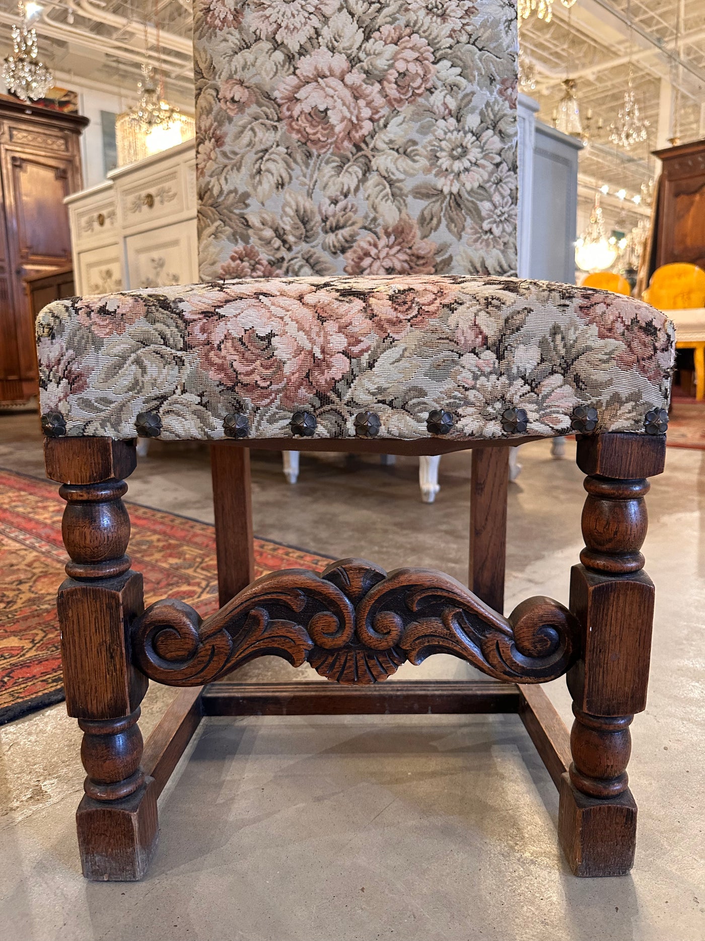 Carved Dining Chair with Floral Upholstery