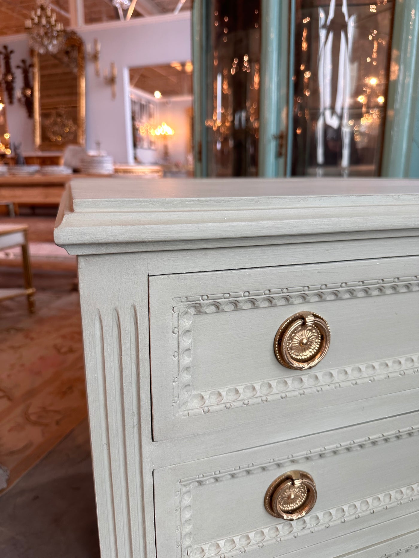 Light Green Swedish Nightstand with Fluted Round Legs | Le Chateau | European Luxury Furniture in Atlanta