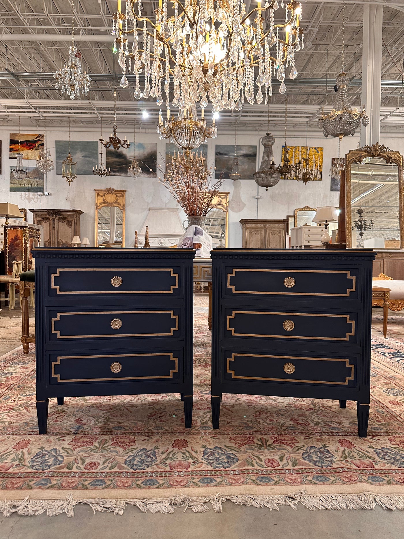 Swedish Nightstand in Navy with Gold Trim