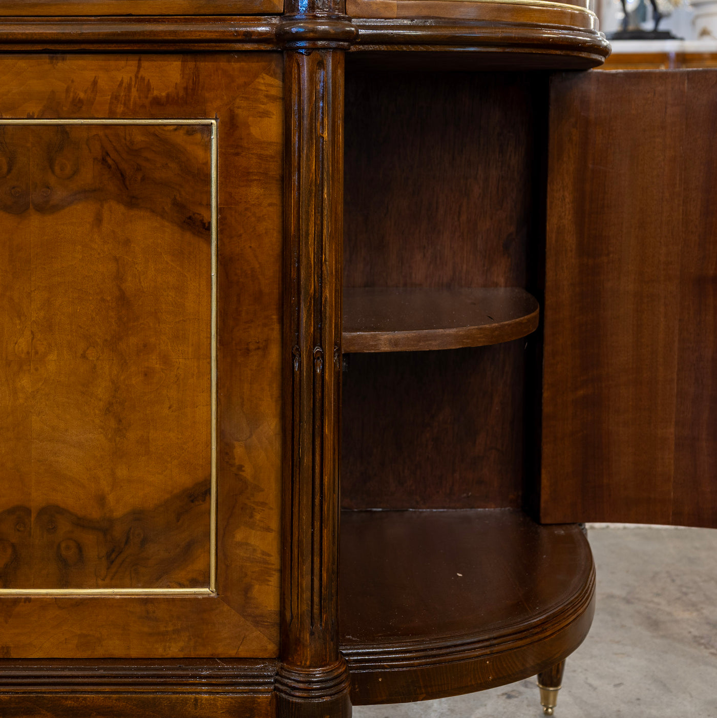 Louis XVI Demilune Sideboard – Burl Wood with Marble Top and Gold Accents