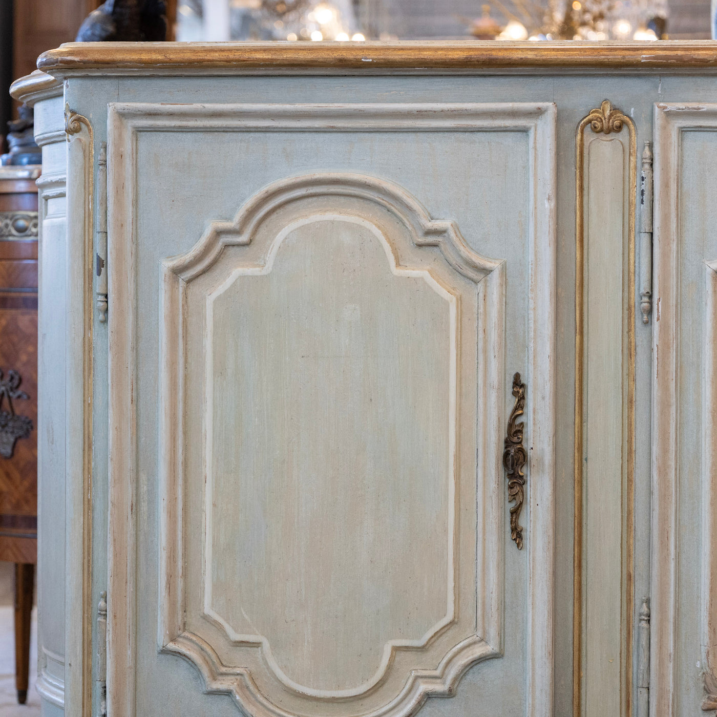 Louis XV Hand-Painted Sideboard – Distressed Finish Blue-Green & Gold Trim