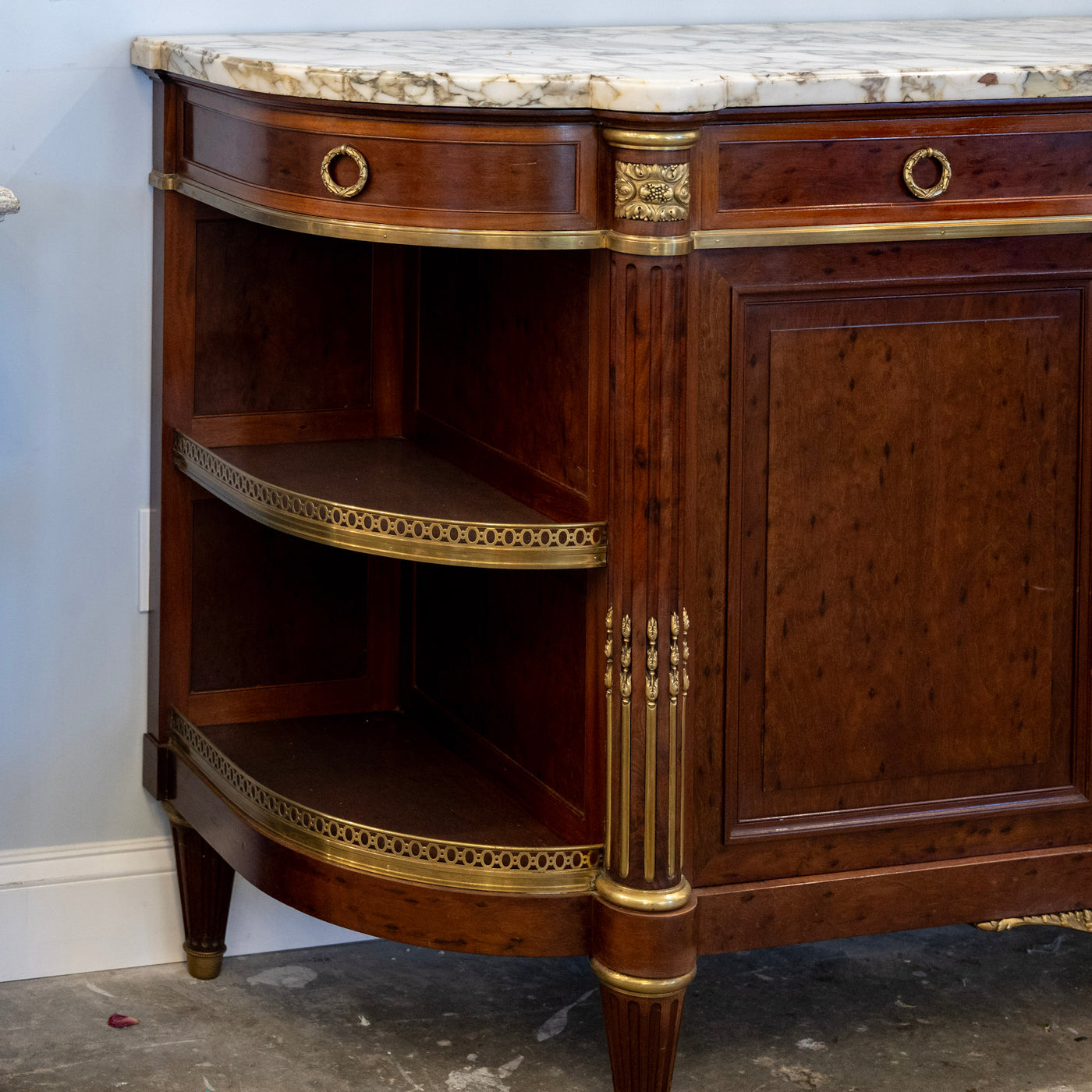 Louis XVI Burl Walnut Demilune Sideboard – Calacatta Vagli Oro Marble Top & Bronze Ormolu