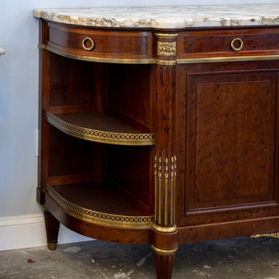 Louis XVI Burl Walnut Demilune Sideboard – Calacatta Vagli Oro Marble Top & Bronze Ormolu