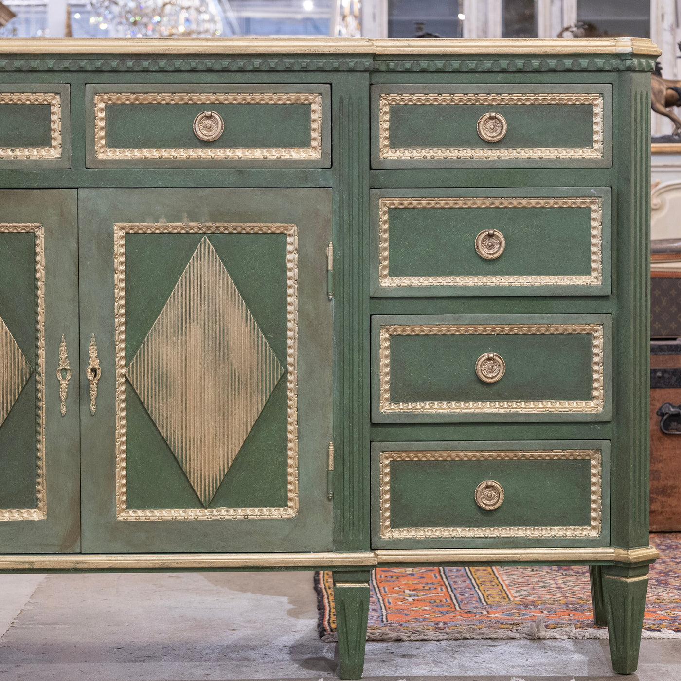 Swedish Painted Ten Drawer Sideboard – Green with Gold Diamond Panels & Trim