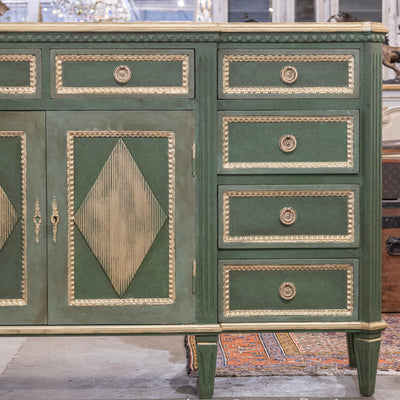 Swedish Painted Ten Drawer Sideboard – Green with Gold Diamond Panels & Trim