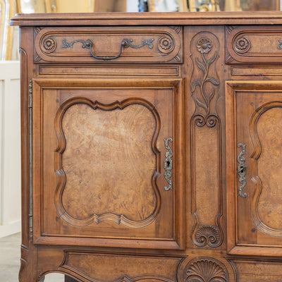 Louis XV Burl Wood Sideboard – Floral Hand-Carvings
