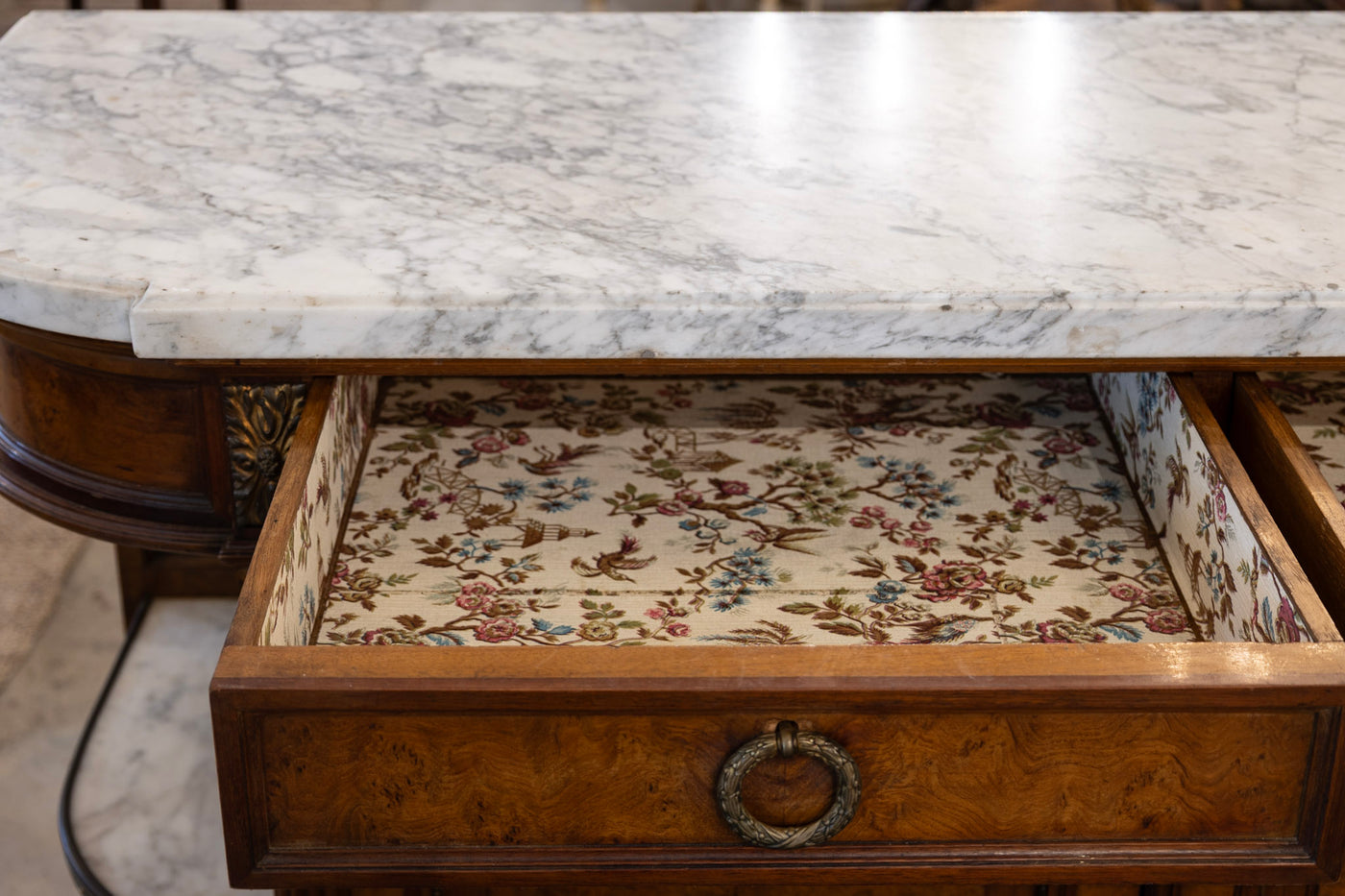 Louis XVI Burl Wood Sideboard –  Floral Interior & White Marble Top