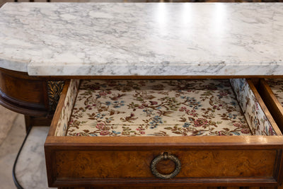 Louis XVI Burl Wood Sideboard –  Floral Interior & White Marble Top