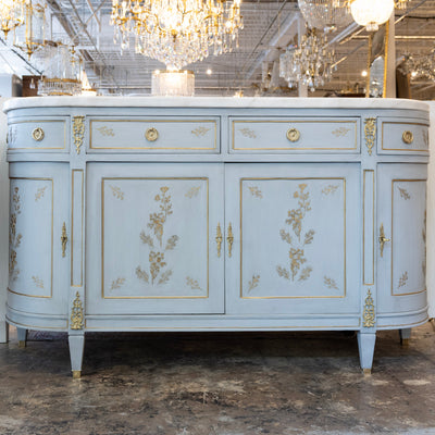 Louis XVI Blue Hand Painted Sideboard – Gilded Floral Detailing & White Marble Top