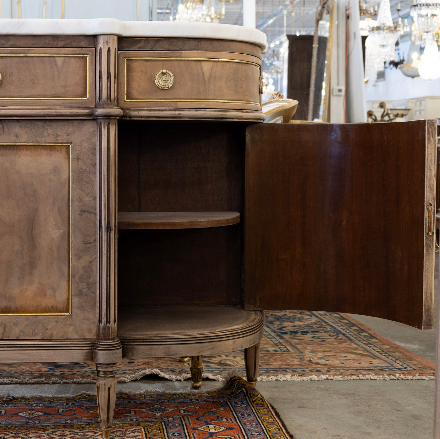 Louis XVI Demilune Sideboard – Stripped Burl Wood with White Marble Top