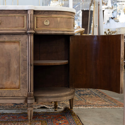 Louis XVI Demilune Sideboard – Stripped Burl Wood with White Marble Top