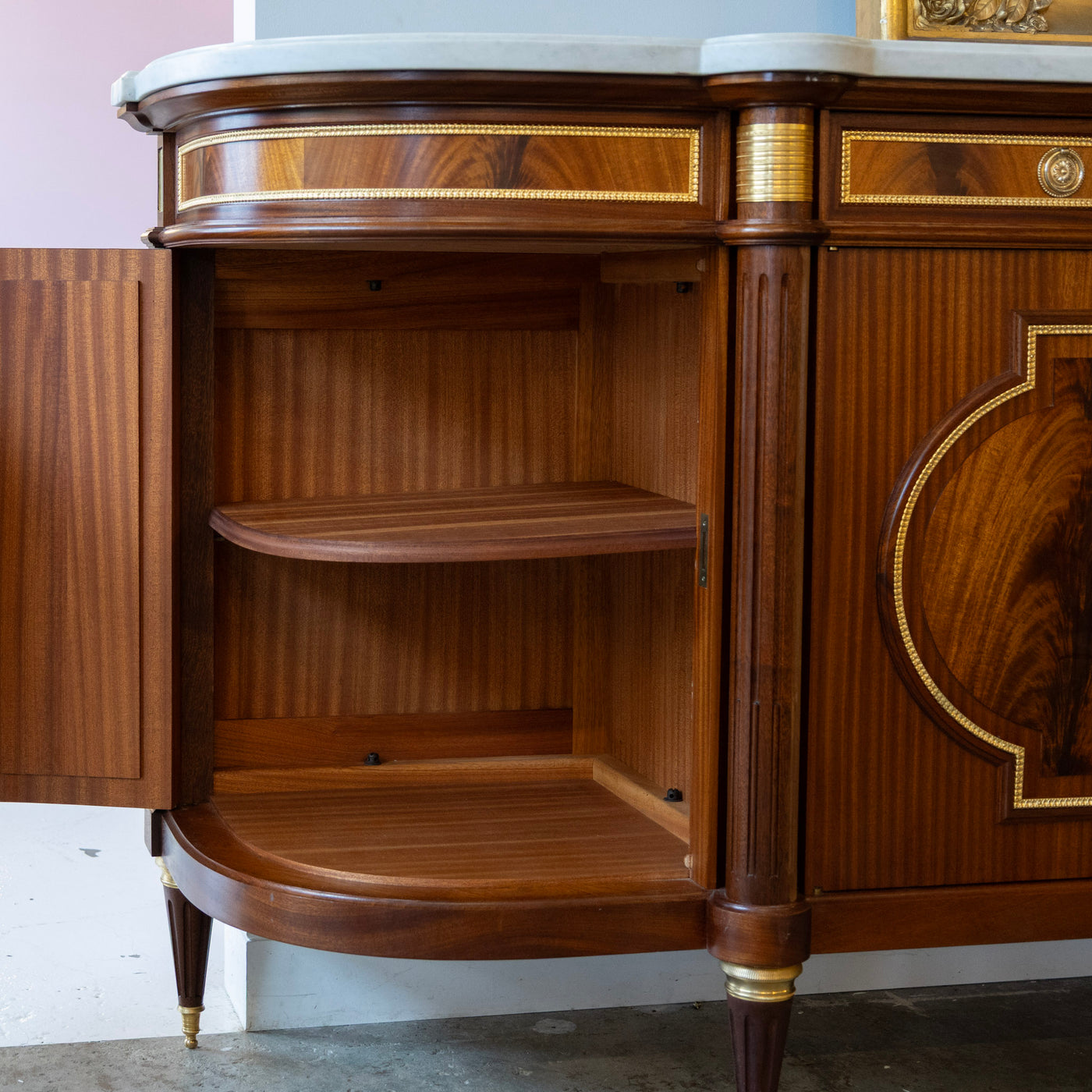 Louis XVI Burl Wood Demilune Sideboard – Gilded Bronze Accents & White Marble Top