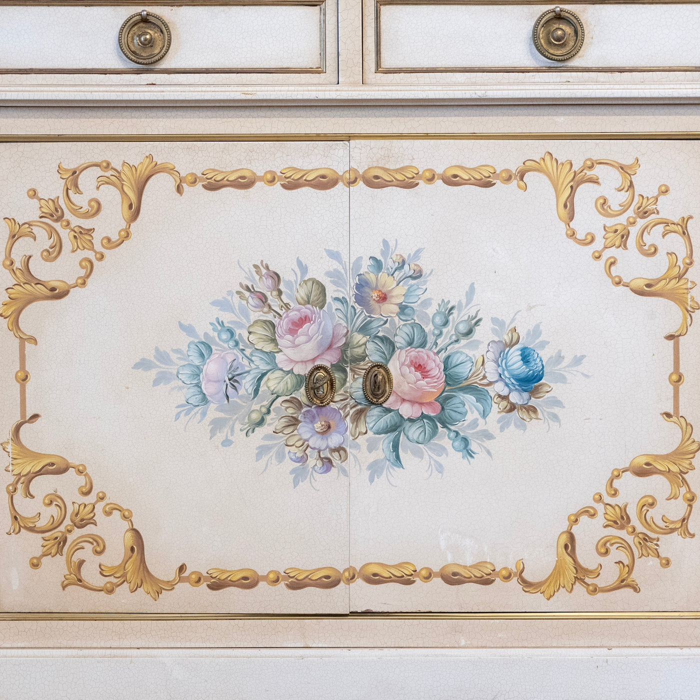 French White Hand-Painted Sideboard – Crackle Finish & Original Marble Top