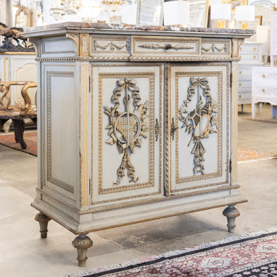 Louis XVI Sage Green Gilded Sideboard – Musical Ribbon Carvings & Breccia Marble Top