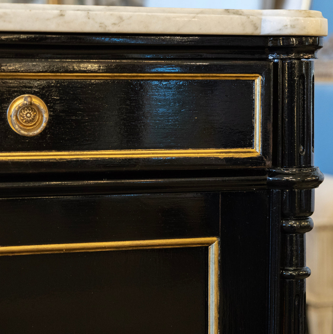Louis XVI Black Lacquer Sideboard – Gold Inaly & White Marble Top