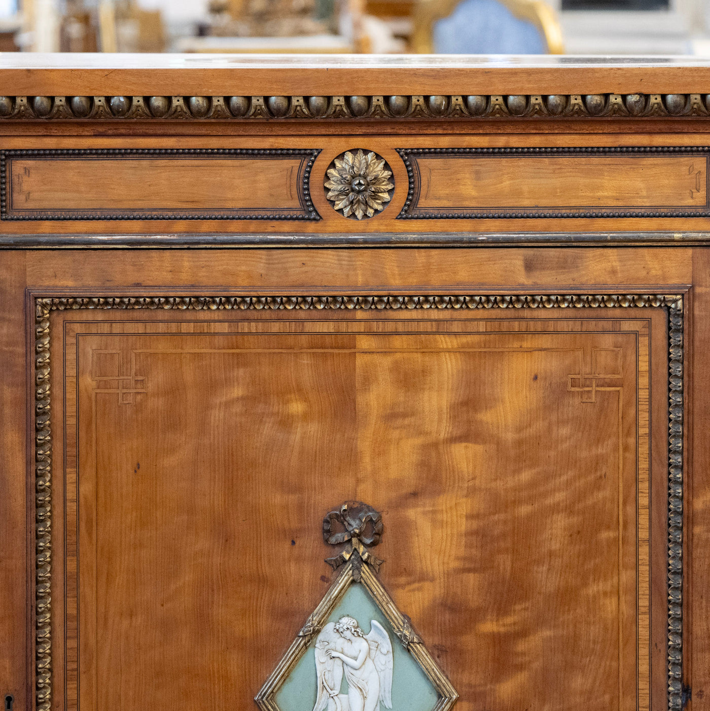 French Empire Demilune Sideboard – Neoclassical Medallions & Curved Mirror Shelves