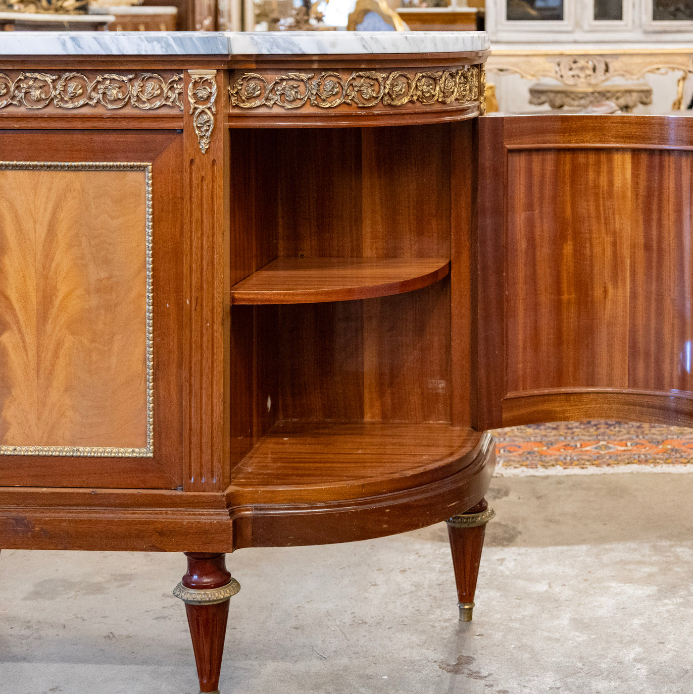 Louis XVI Mahogany Demilune Sideboard – Bronze Laurel Trim & White Marble Top