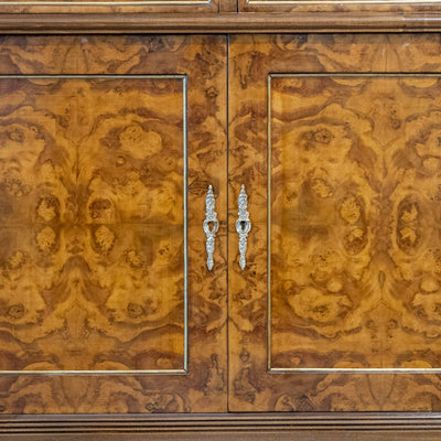 Louis XVI Burl Wood Sideboard with Brass Hardware & White Marble Top