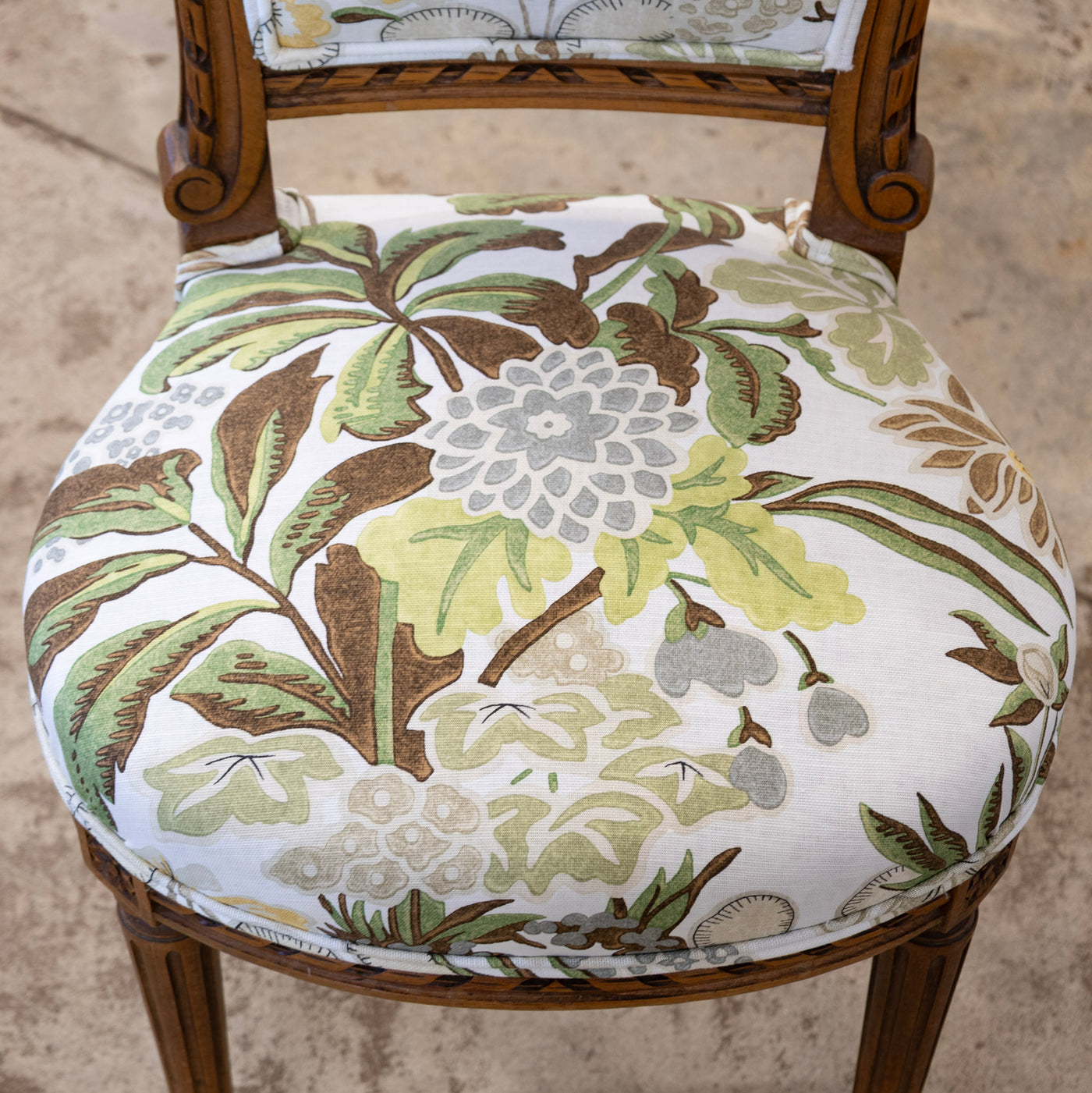 Pair of Louis XVI Side Chairs – Carved Brown Frame & Floral and Green Velvet Upholstery