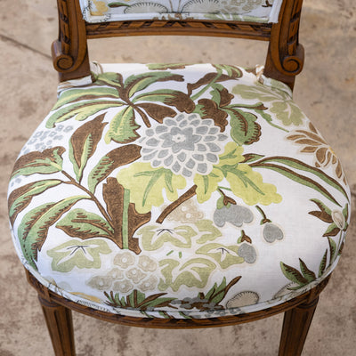 Pair of Louis XVI Side Chairs – Carved Brown Frame & Floral and Green Velvet Upholstery