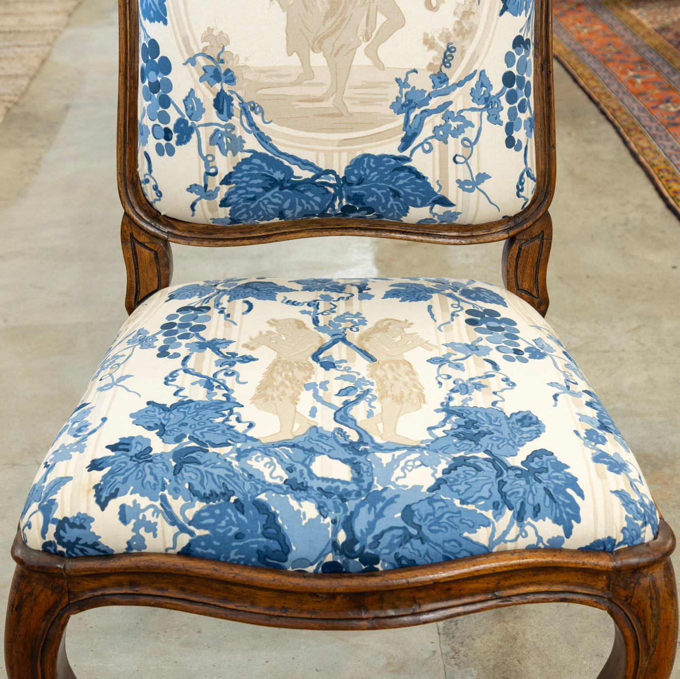 Pair of Louis XV Accent Chairs – Brown Frame with Blue & Cream Mythological Upholstery