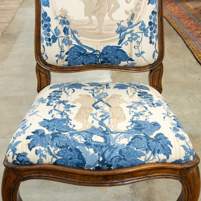 Pair of Louis XV Accent Chairs – Brown Frame with Blue & Cream Mythological Upholstery