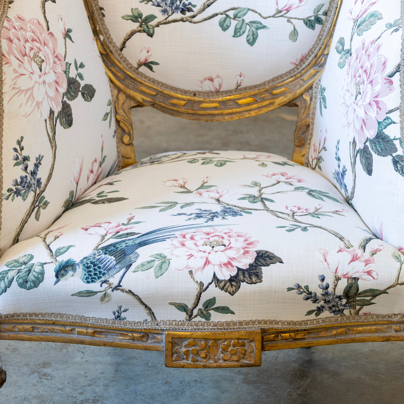 Louis XVI Gilded Bergère Chair – Chinoiserie Floral Linen & Green Velvet Upholstery