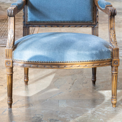 Louis XVI Carved Armchair – Wood Frame with Blue Velvet Upholstery