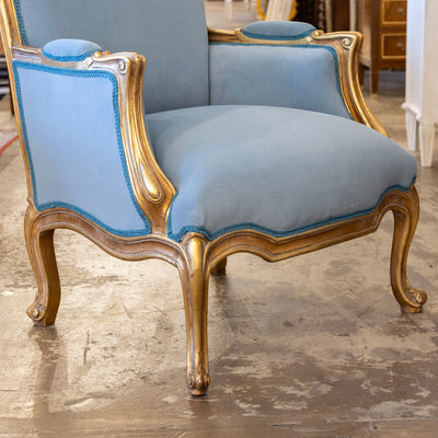 Louis XV Gilded Bergère Gilded Chair – Blue Velvet Upholstery - Bergère Chairs | Le Chateau (Atlanta, GA) • 7