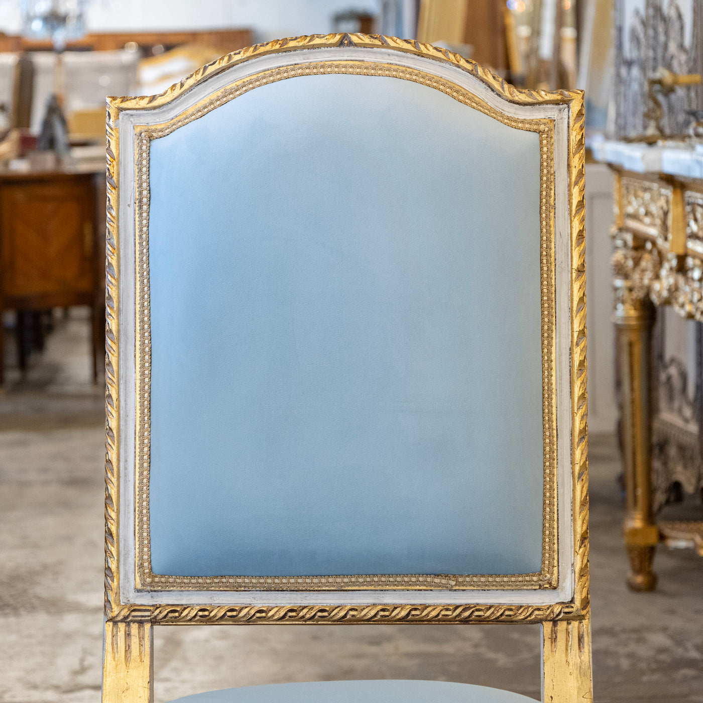 Louis XVI Square Dining Chair – Gold & White Trim with Blue Velvet