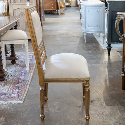 Louis XVI Square Open Back Gilded Dining Chair – Soft Grey Velvet Upholstery