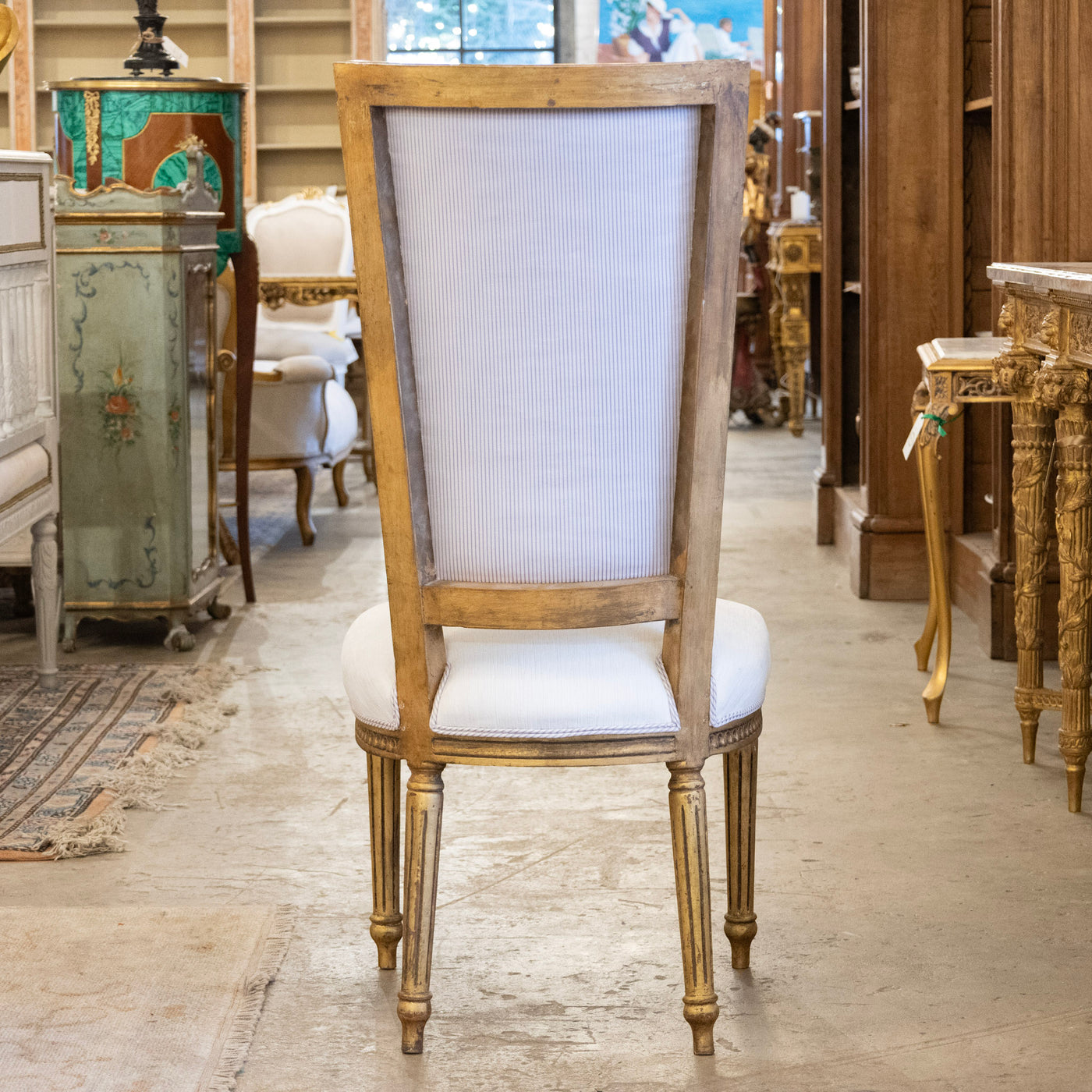 Louis XVI Tall Back Gilded Dining Chair – White Linen Upholstery