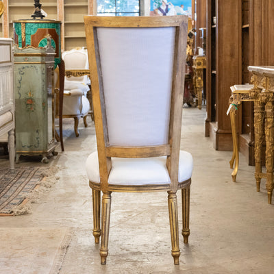 Louis XVI Tall Back Gilded Dining Chair – White Linen Upholstery