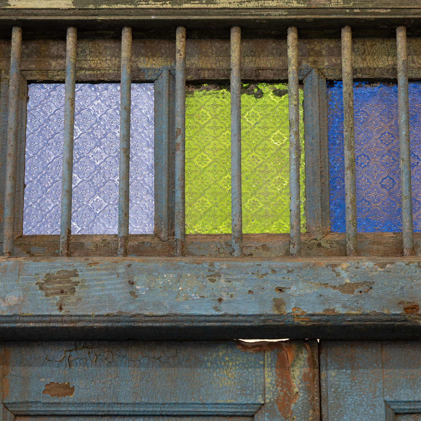 Blue Painted Double Doors – Distressed Finish with Stained Glass Transom - Door | Le Chateau (Atlanta, GA) • 8