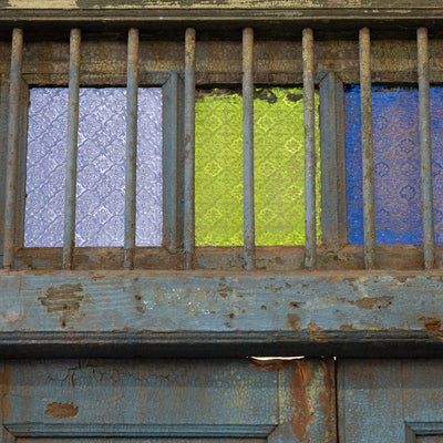 Blue Painted Double Doors – Distressed Finish with Stained Glass Transom - Door | Le Chateau (Atlanta, GA) • 8
