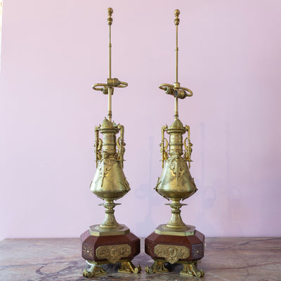 Pair of Carved Gilded Lamps – Red Marble Base